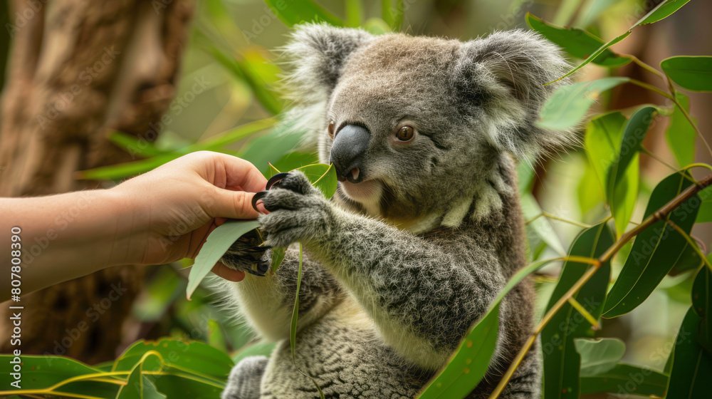 Fototapeta premium Eucalyptus grove with hands feeding eucalyptus leaves to a koala
