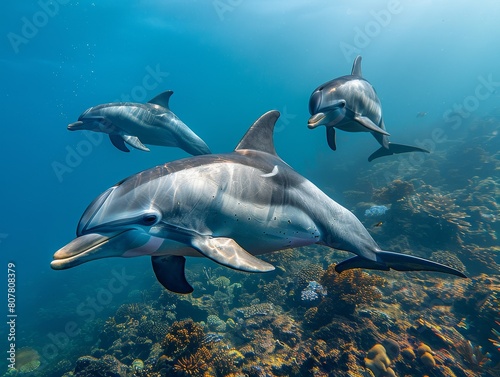 Dolphins swimming underwater in ocean during summer in a beautiful submarine landscape view © Thibaut Design Prod.