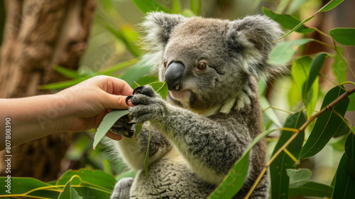 Eucalyptus grove with hands feeding eucalyptus leaves to a koala