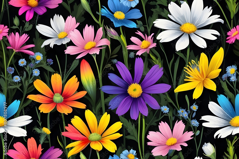 A seamless pattern of rainbow-colored wildflowers. A seamless pattern of rainbow-colored wildflowers.