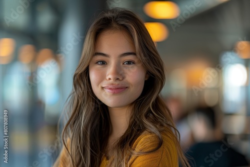 Portrait of a young Asian woman smiling, with soft focus background in a modern indoor setting.