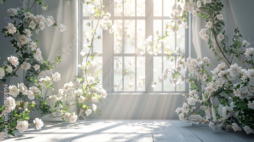 Sun-drenched room with sprawling white roses and greenery, casting soft shadows on a white wooden floor.