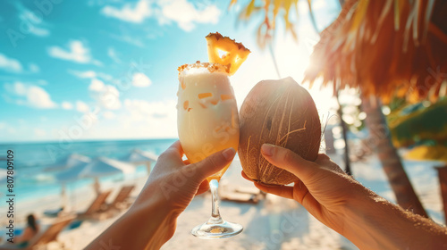 Beachside bar with hands raising a classic pina colada in a coconut shell. photo