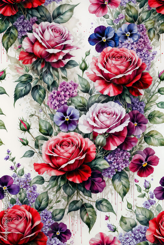 Wallpaper Mural A painting of a floral pattern with roses, violets, and small flowers - Generative AI
 Torontodigital.ca