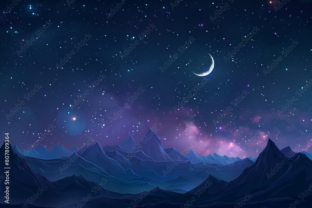 Fototapeta premium Starry sky, with mountaines view and moon 