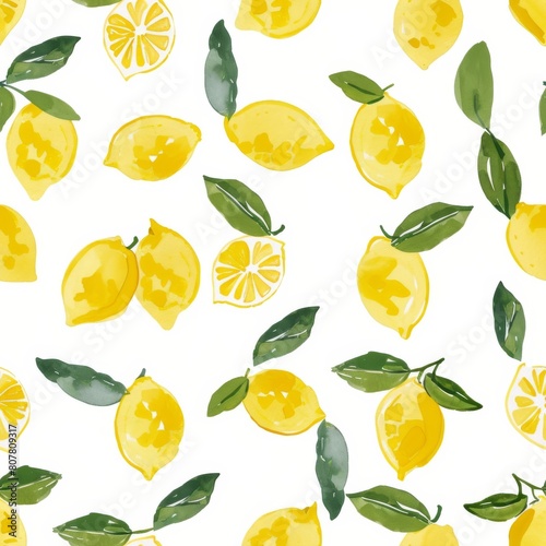 Lively seamless pattern featuring fresh yellow lemons with green leaves, evoking a sense of freshness in a seamless design