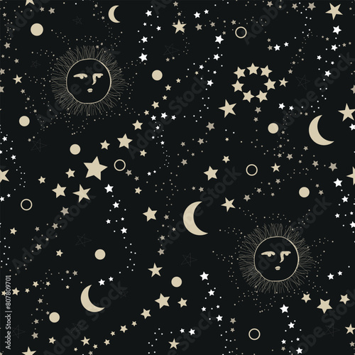 Sun, moon and stars seamless fabric design pattern
