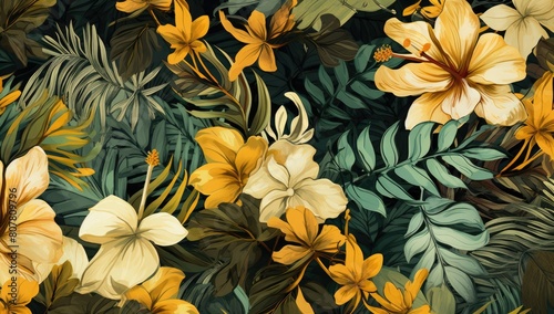 A drawing of a tropical forest with yellow flowers. The flowers are surrounded by green leaves and the overall mood of the image is bright and cheerful
