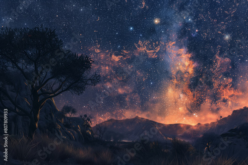 Starry night sky with a fiery nebula over a serene landscape