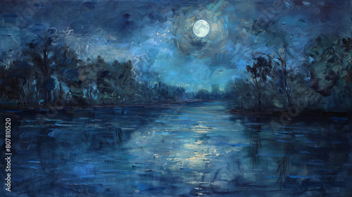 Moonlit river landscape in expressive blue oil painting