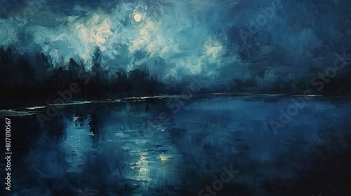 Moonlit river landscape captured in expressive oil painting
