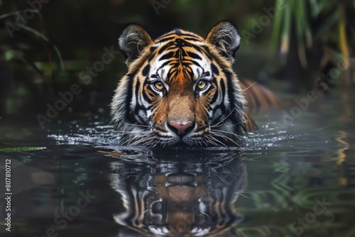 wild life photography of a tiger in a lake looking directly to the camera with his reflection in the lake water ready to hunt or attack