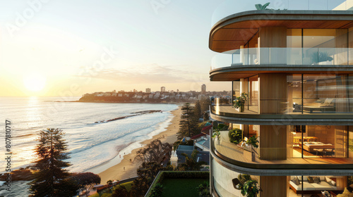 Luxurious beachfront apartment building at sunset