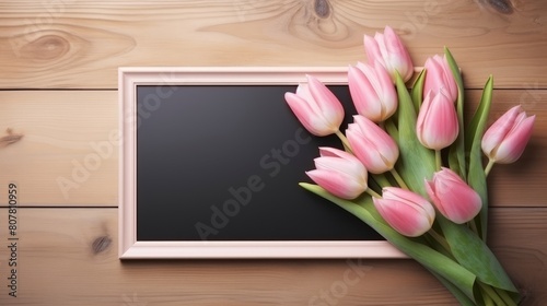 Picture frame and tulip flowers on wooden background. Bunch of pink tulips and empty wooden picture frame on wooden table texture