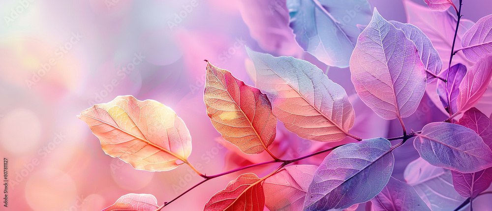 Colorful transparent leaves on a purple background banner with copy space in a pastel colors