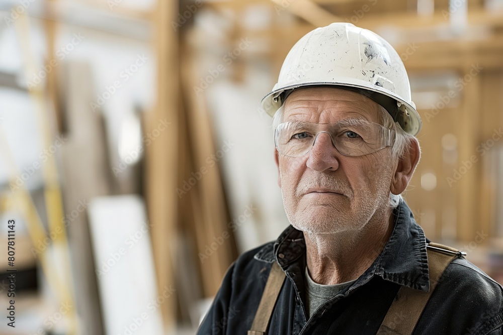 Portrait of a senior male construction worker in a hard hat with a serious expression. Portrait of a senior male construction worker in a hard hat with a serious expression.