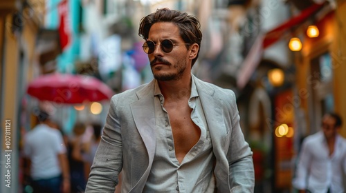 Stylish Young Man in Sunglasses Walking through Busy Urban Street 