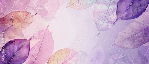 Colorful transparent leaves on a purple background banner with copy space in a pastel colors