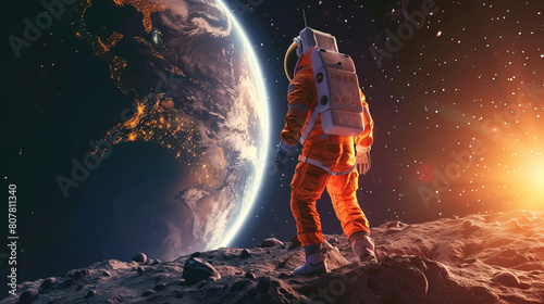 Young male astronaut in orange space suit on lunar surface