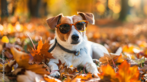 Jack Russell dog lying on the ground full of fall