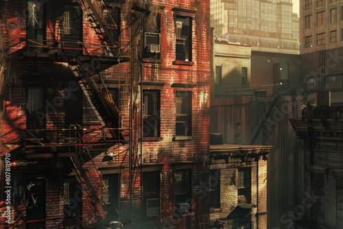 Detailed view of vintage New York City buildings at sunset