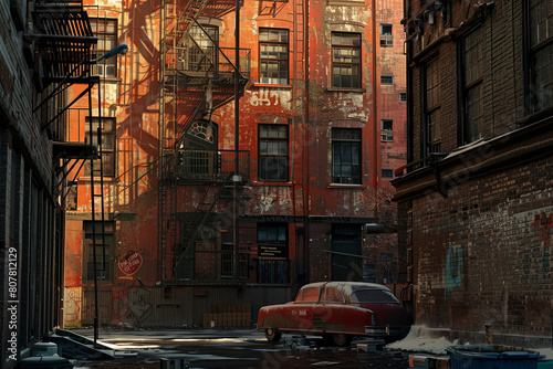 Vintage red car in a gritty New York City alley at sunset
