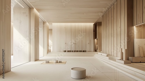 A large room with a white wall and wooden floors. The room is empty and has a minimalist design