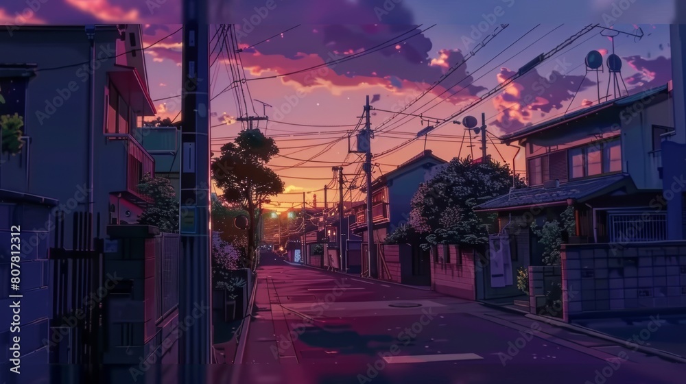 Fototapeta premium Twilight Atmosphere in an Anime-Styled Quiet Japanese Street Scene 
