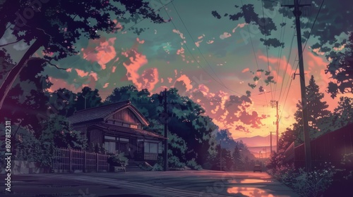 Twilight Atmosphere in an Anime-Styled Quiet Japanese Street Scene 