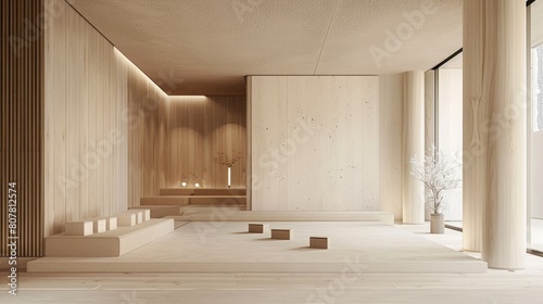 A room with a white wall and wooden floor. There is a vase with a tree in it © Bouchra