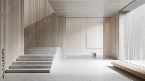 A white room with a staircase and a bench. The room is empty and has a minimalist design