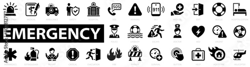Emergency icon set. Ambulance, lifebuoy, accident, evacuation, SOS emergency call, first aid, police, hospital, help, exit. Vector illustration