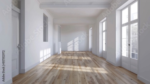 an empty living room with a white wall, wooden floor