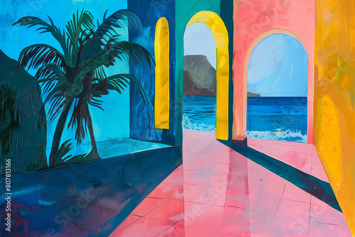 Colorful seaside mural with palm tree and arch windows
