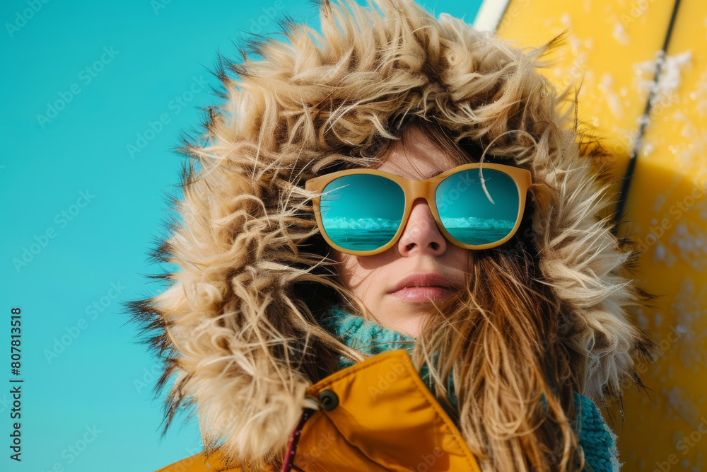 Stylish woman in furry hooded parka and reflective sunglasses against a bright blue sky Stylish woman in furry hooded parka and reflective sunglasses against a bright blue sky