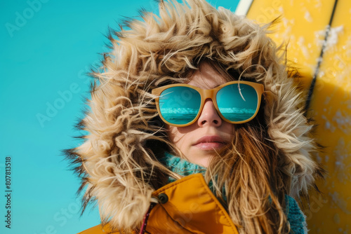 Stylish woman in furry hooded parka and reflective sunglasses against a bright blue sky