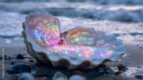 Open clamshell on beach with glowing lights at dusk photo