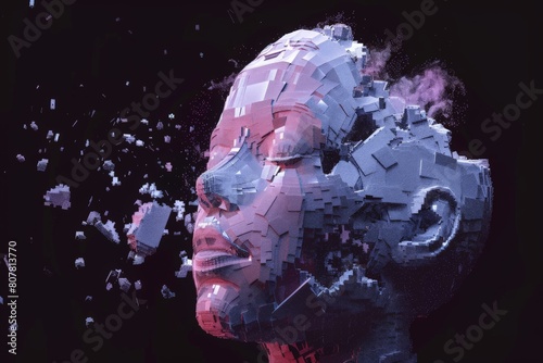 Pixel art vector-style image of a plastic futuristic feminine head reminiscent of a transformer. the head splinters and fog emerges from it. face of the head look as if it is enjoying the experience