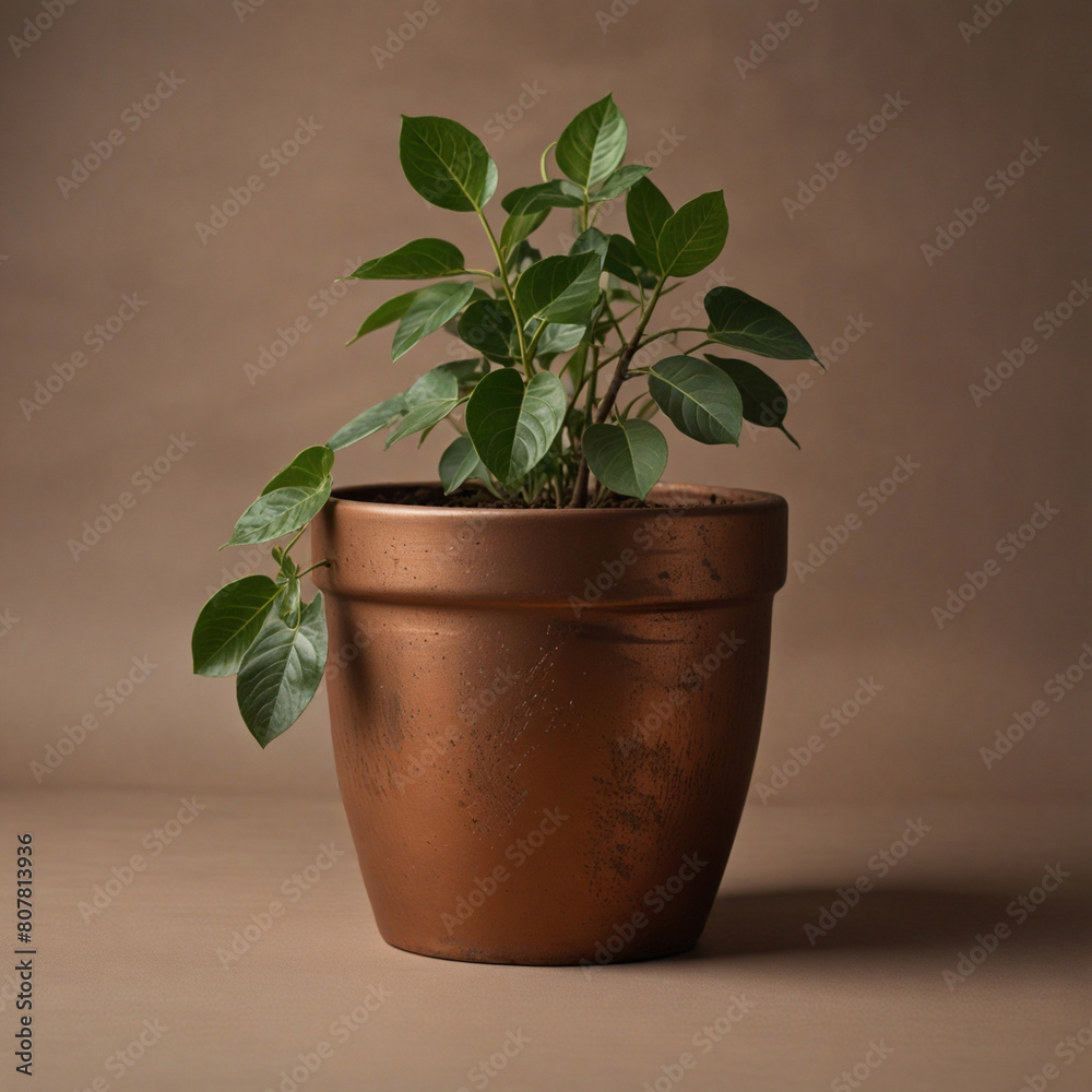 Obraz premium Cooper bronze Plant pot isolated transparent PNG background. Growth concept. Seedling, plant, tree, dry tree. Houseplant vase. Aged garden plant pot. terracotta. See Less
