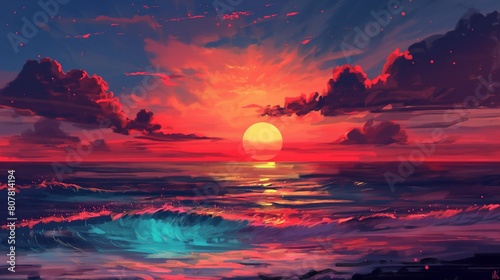 a painting of a sunset over the ocean computer art, detailed painting, outrun, chillwave photo
