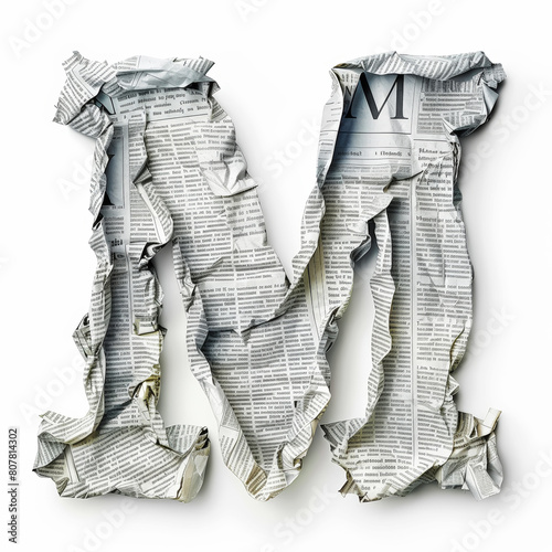 Letter M from crumpled newspaper on a clean white background. Fashion scrapbook lettering concept. Generative AI