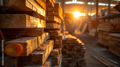 Golden sunset illuminating stacked lumber in a warehouse  highlighting textures and industry.