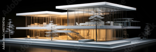 Detailed Model of a Modern Architectural Office and Home Design with Transparent Views at Night