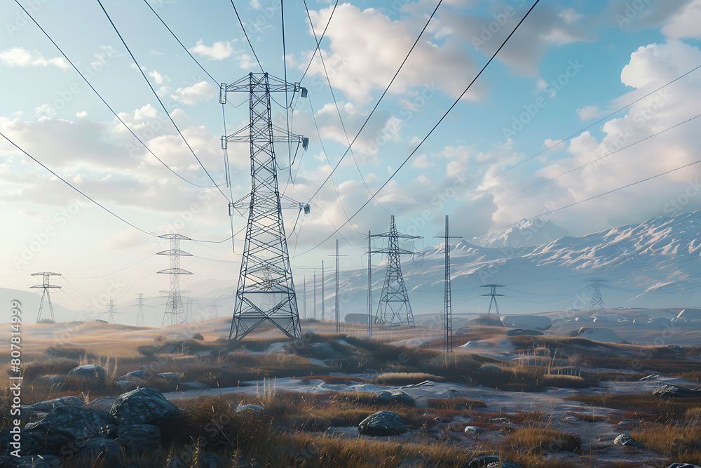 A network of transmission lines stretches across the landscape, conveying energy with towers and cables against a clear sky.