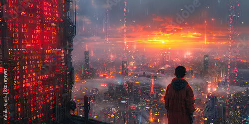 Futuristic Cyber Cityscape with Data Streams and Sunset View, Person in Red Jacket Observing