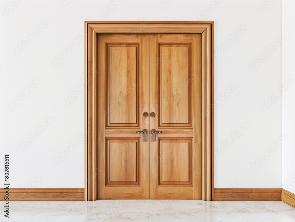 Maple wood doors displayed with essential hardware on a white background.