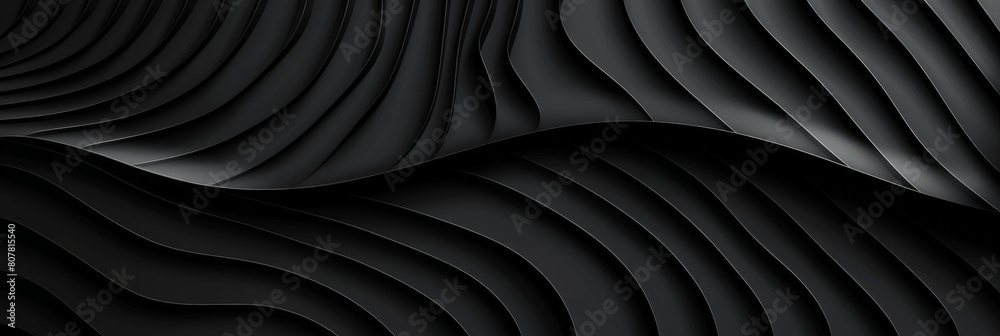 Naklejka premium Black abstract background design. Modern wavy line pattern (guilloche curves) in monochrome colors. Premium stripe texture for banner, business backdrop. Dark horizontal vector template