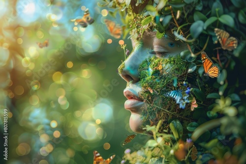 Bokeh photo of mother earth gaia is looking after her children, the spirits of the forest, the animals, butterflies, birds, bees, mother earth enchanting made of the planet. Living