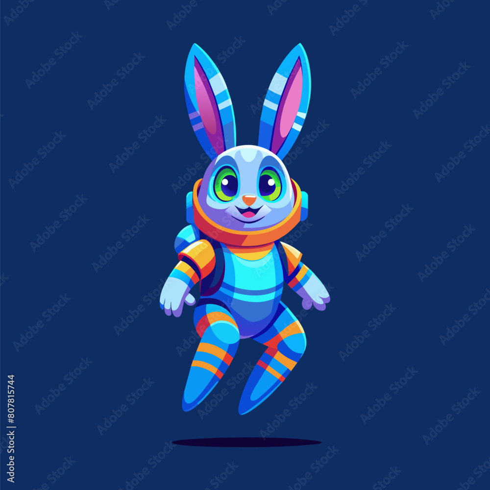 Astronaut hare wearing space suit. Adorable rabbit in Retrofuturism style. A futuristic scene featuring  Blue Cartoon in space. Character has Kind Smile. Childish illustration. Weightlessness in space