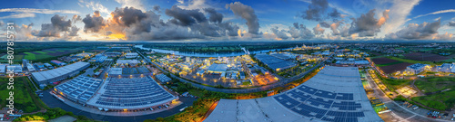 Industrial area, of Worms at Rhine River, evening aerial 360° panorama